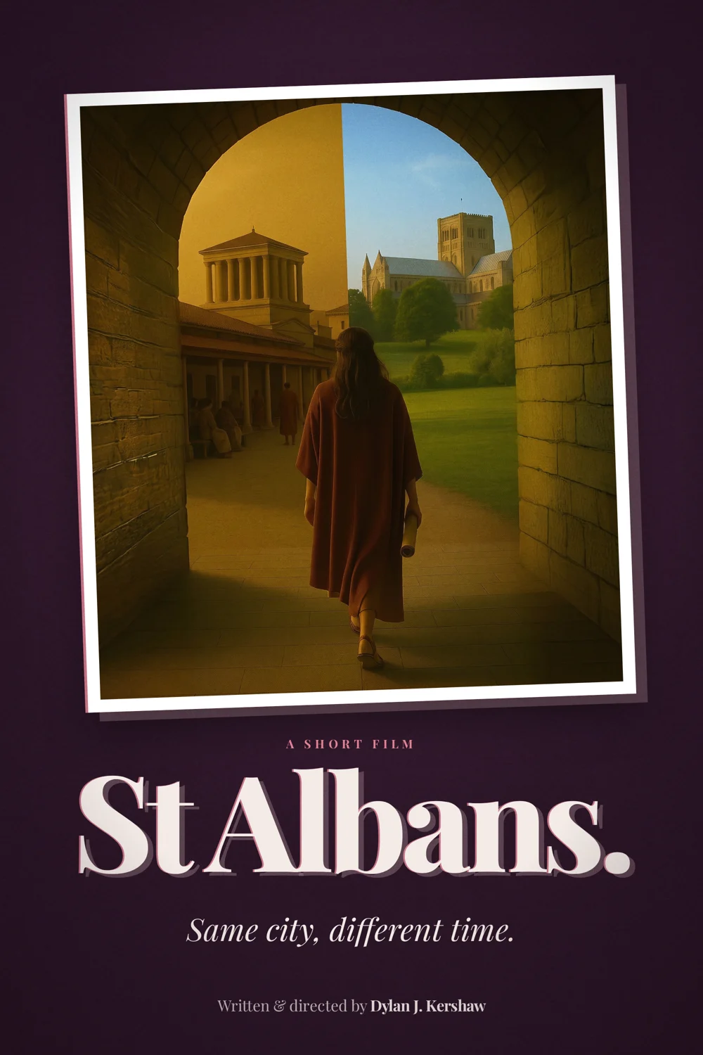The St Albans poster: a figure in a red cloak walking through a Roman arch, the cathedral beyond